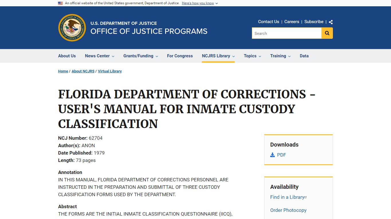 FLORIDA DEPARTMENT OF CORRECTIONS - USER'S MANUAL FOR INMATE CUSTODY ...